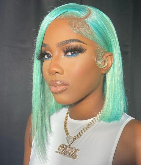 #aquahair #wig #hair #hairstyles #hairinspo Long Bob Side Part, Bob Side Part, Hair Long Bob, Bang Bob, Bob Lace Wig, Event Hairstyles, 20th Bday, Aqua Hair, Turquoise Hair