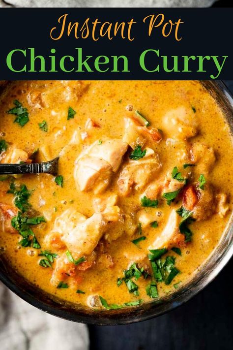 An incredible combination of aromatic spices and flavor, this Instant Pot Chicken Curry is easy, flavorful and on the table in under 30 minutes - perfect for busy weeknights! Pieces of tender chicken cooked in a tomato-like gravy studded with intense spices is seriously the perfect weeknight comfort food meal. Or a meal to impress you guests. Ninja Foodi Chicken Curry, Instant Pot Chicken Thigh Curry Recipes, Chicken Curry Recipe Instant Pot, Nutripot Recipes, Chicken Bits, Butternut Squash Chicken, Curry Chicken Thighs, Ip Chicken, Instant Pots