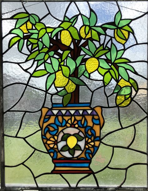 Brenda’s Lemon tree stained glass Stained Glass Fruit, Stained Glass Oranges, Lemon Stained Glass Window, Stained Glass Vines Leaves, Orange Stained Glass Window, Stain Glass Window Art, Glass Window Art, Interior Decorating Styles, Lemon Drop