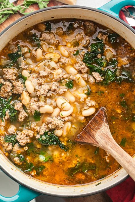 Sausage Potato White Bean And Kale Soup, Beans And Greens With Sausage, Sausage Kale Bean Soup, Ground Turkey White Bean Kale Soup, White Bean Kale Sausage Soup, Soups With Kale, Bean Kale Sausage Soup, Turkey And Beans, Sausage And White Beans