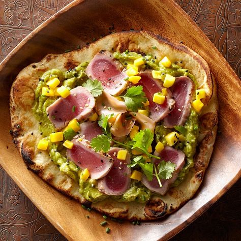 Seared Yellowfin Tuna Flatbread Tuna Flatbread, Seared Yellowfin Tuna, Seared Ahi, Flatbread Recipe, Yellowfin Tuna, Ahi Tuna, Black Sesame Seeds, Flatbread Recipes, Naan Bread