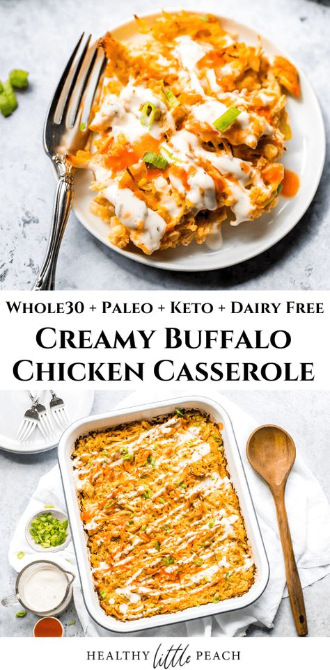 A creamy Buffalo Chicken Casserole that is Whole30, Keto and Paleo compliant. Filled with shredded chicken, mayo, ranch, nutritional yeast, seasoning, green chilies and Franks Hot sauce. A perfect easy and quick weeknight dinner. #whole30recipes #whole30casseroles #casseroles #ketorecipes #keto #ketocasseroles #paleo #dairyfree #glutenfree Keto With Shredded Chicken, Whole 39 Recipes, Quick Whole30 Dinner, Fast Whole 30 Dinner, Whole30 Buffalo Chicken Casserole, Whole30 Casserole Recipes, Whole30 Casserole Dinners, Easy Paleo Casserole Recipes, Rbc Heritage Outfit