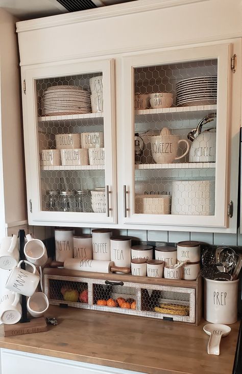 Kitchen Open Cabinets, Open Kitchen Cabinet, Chicken Wire Cabinets, Small House Kitchen, Chicken Kitchen Decor, Rustic Basement Bar, Kitchen Display Cabinet, Small Farmhouse Kitchen, Vintage Kitchen Cabinets