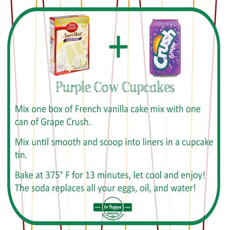 Whip up some wacky Purple Cow Cupcakes as a throwback to old soda fountain treats.  All you need is one box of cake mix and one soda for these funky DIY cupcakes. Purple Cow Cake, Grape Soda Cupcakes, Soda And Cake Mix Recipes, Soda Pop Cake, Big Red Soda, Soda Cake Recipe, Princess Birthday Cupcakes, Soda Cupcakes, Funky Diy