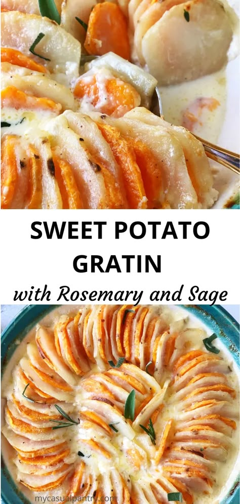 Sweet And White Potato Recipes, Sage And Rosemary Recipes, Sage And Sweet Potato, Sweet Potato Mushroom, Sweet Potato Gratin Recipes, Potato And Sweet Potato Gratin, Rosemary Sweet Potatoes, Sweet Potato And Potato Gratin, Potato Sweet Potato Gratin