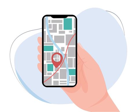 hand holding mobile phone with map view. mobile navigation. GPS navigation location. location map application in smartphone Mobile Navigation, On Phone, Location Map, Hand Holding, Flat Icon, Gps Navigation, Design Vector, Flat Design, Vector Art