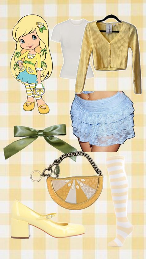 aesthetic lemon meringue costume cute for halloween and group costumes. inspiration aesthetic yellow lemon strawberry shortcake character costumes Lemon Meringue Costume, Lemon Strawberry Shortcake, Lemon Meringue Strawberry Shortcake, Strawberry Shortcake Halloween Costume, Strawberry Shortcake Character, Aesthetic Lemon, Strawberry Shortcake Outfits, Strawberry Shortcake Costume, Strawberry Costume