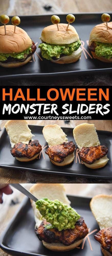 Make these fun Halloween Appetizer Monster Sliders! Mini Sliders with seasoned chicken thighs, guacamole, and fun spooky monster eyes! Halloween Appetizers For Adults, Seasoned Chicken Thighs, Fun Halloween Appetizers, Halloween Appetizer, Halloween Finger Foods, Halloween Appetizers Easy, Creepy Halloween Food, Mini Sliders, Halloween Party Appetizers