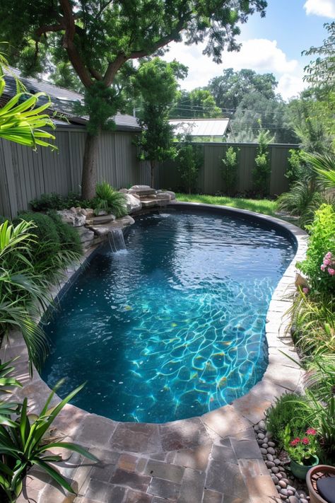 Pool In Backyard Aesthetic, Inground Pool Ideas For Small Yards, Small Inground Pool Ideas Backyards, Outside Pool Area Ideas, Small Pools For Small Yards, Pool Scapes, Small Patio Makeover, Small Inground Pool Ideas, Patio Decoration Ideas