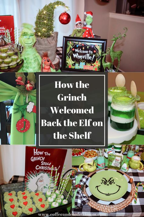 Welcome back your elf on the shelf with a special feast. #elfontheshelf #elfontheshelfideas #christmasbreakfast #thegrinch #elfontheshelfideasforkids Elf On The Shelf Grinch Ideas, Santa Hats Fruit, Grinch Elf On The Shelf, Elf On The Shelf Grinch, Grinch Toys, Grinch Printable, Grinch Mask, Elf Buddy, Layered Jello