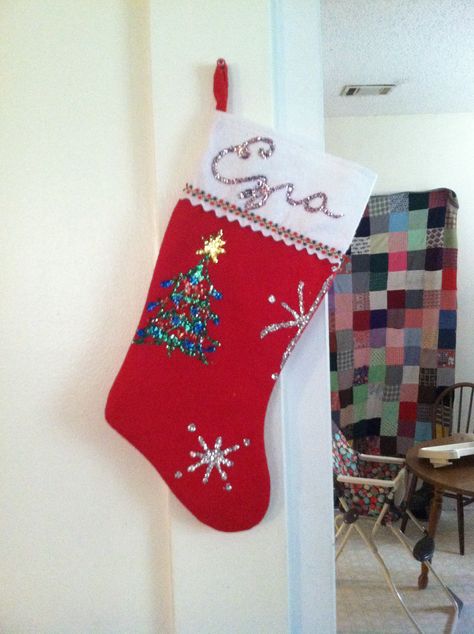 Stocking I decorated for Ezra Decorated Stocking Ideas, Glitter Glue Stocking Ideas, Stocking Designs Diy, Painted Christmas Stocking, Stocking Decorating Ideas Diy Puff Paint, Stocking Decorating Ideas For Kids, Puffy Paint Stocking Ideas, Stocking Painting Ideas, Stocking Decorating Ideas Diy Glitter