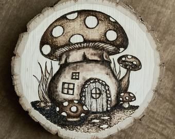 Mushroom Wood Burning, Wood Burning Mushroom Design, Cottage Core Wood Burning, Wood Burned Mushroom, Beginner Wood Burning Pattern, Wood Burning Forest Scene, Beginner Wood Burning, Cute Business Cards, Pyrography Patterns