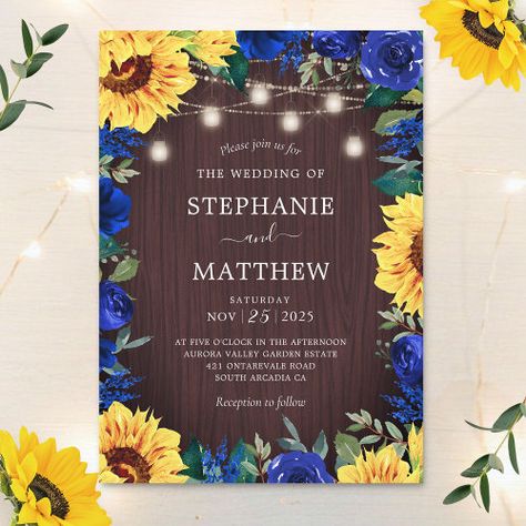 Sunflower Blue Floral Mason Jar Wedding Invitation #zazzle #weddinginvitations #birthdayinvitations #babyshowerinvitations #zazzleinvitations #monogram #businesscards #graduation #homedecor Floral Lights, Blue Floral Border, Mason Jar String Lights, Mason Jar Wedding Invitations, Wood Wedding Invitations, Sunflower Wedding Invitations, Lights Wedding, Mason Jar Wedding, Sunflower Wedding