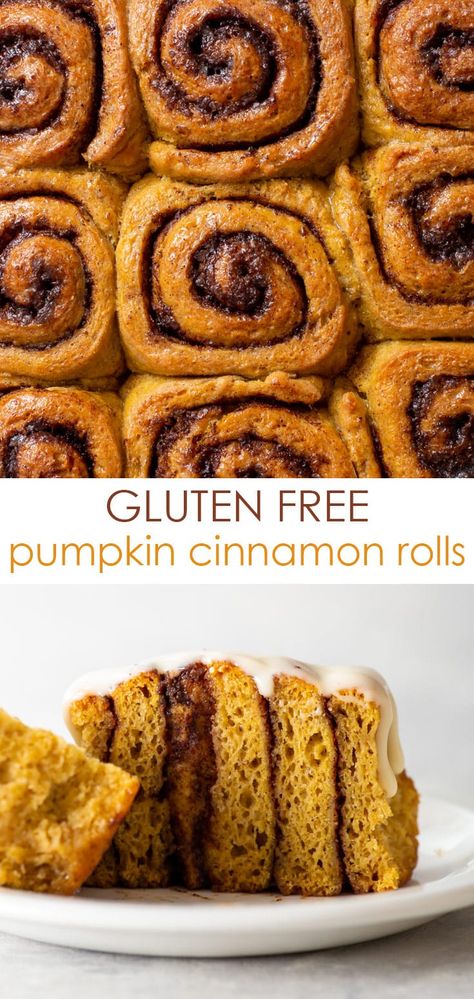 Gluten Free Pumpkin Cinnamon Rolls - These are THE BEST gluten free pumpkin cinnamon rolls you’ll ever eat. They’re pillowy soft, perfectly rich and buttery, packed full of pumpkin puree and warming spices, and topped with a luscious maple cream cheese icing. Gluten free cinnamon rolls. Gluten free dessert. Gluten free recipes. Gluten free breakfast ideas. Pumpkin dessert recipes. Overnight cinnamon rolls. #glutenfree #cinnamonrolls Best Gluten Free Cinnamon Rolls, Overnight Cinnamon Rolls, Gluten Free Cinnamon, Gluten Free Cinnamon Rolls, Pumpkin Cinnamon Rolls, Cream Cheese Glaze, Maple Cream, Best Gluten Free, Pumpkin Recipes Dessert