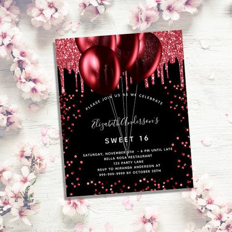 Budget Sweet 16 Black Red Glitter Invitation #zazzle #weddinginvitations #birthdayinvitations #babyshowerinvitations #zazzleinvitations #monogram #businesscards #graduation #homedecor Red Sweet 16, Birthday Party Sweet 16, Budget Birthday Party, Budget Birthday, Glitter Balloons, Invitation Flyer, Glitter Invitations, Sweet 16 Gifts, Balloons Party