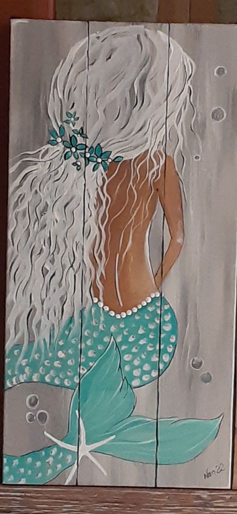 Painted Wooden Mermaids, Mermaid Mural Paintings, Mermaid On Wood Painting, Painting Mermaids Easy, Wooden Mermaid Wall Art, Whimsical Beach Art Paintings, How To Paint A Mermaid Step By Step, Easy Mermaid Painting, Mermaid Painting Ideas