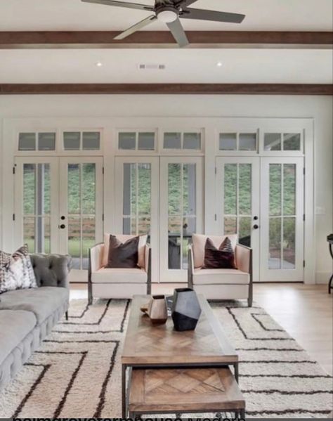 Living Room With Exterior French Doors, Three French Doors Living Room, 3 French Doors In Living Room, 2 Sets Of French Doors, 2 Sets Of French Doors Living Rooms, Wall Of French Doors, Living Room With French Doors To Patio, Living Room Doors To Outside, Double French Doors Living Room