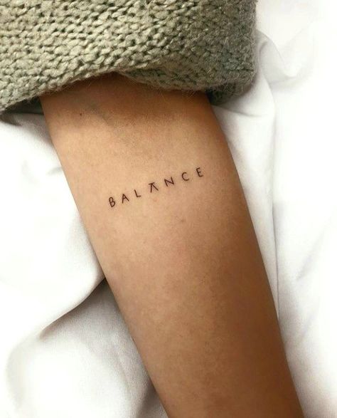 Balance Word Tattoo Fonts, Balance Tattoo Minimalist Word, Breathe Arm Tattoo, One Word Arm Tattoo, Back Of Arm Word Tattoo, Fine Line Word Tattoo Arm, Word Arm Tattoos For Women, Balance Tattoo Word, Minimalist Tattoo Font