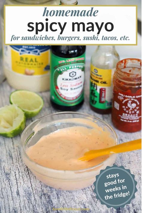 This homemade spicy mayo will take any sandwich, burger, or sushi up a notch, made with chili garlic sauce, sesame oil, soy sauce, and lime, for a flavor packed homemade version of sushi mayo! How To Make Japanese Mayo, How To Make Spicy Mayo For Sushi, Sushi Mayo Sauce, Japanese Spicy Mayo, Sushi Mayo, Spicy Mayo For Sushi, Asian Hot Sauce, Spicy Mayo Recipe, Sandwich Burger