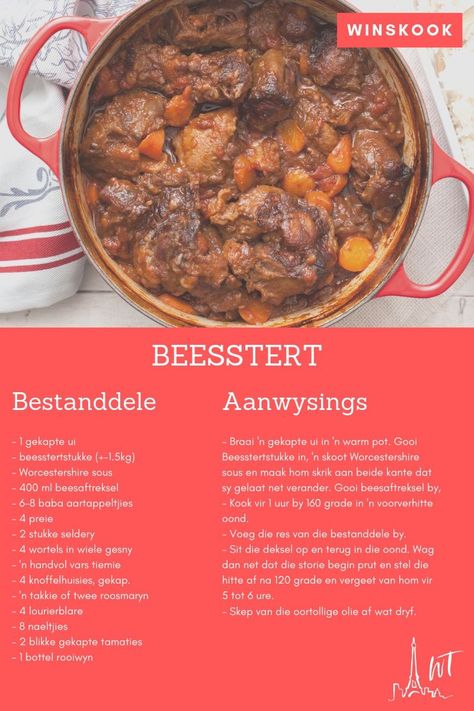 Potjiekos Recipes South Africa, Vleis Resepte, Oxtail Recipe, Lamb Stew Recipes, Breakfast Cake Recipes, Beef Ribs Recipe, Oxtail Stew, Self Sufficiency, Oxtail Recipes