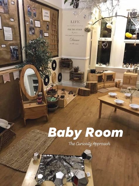 Early Years Baby Room Ideas, Baby Room Set Up Childcare, Baby Room Curiosity Approach, Curiosity Approach Baby Room, Baby Room Eyfs, Curiosity Approach Eyfs Baby Room, Babies Room Childcare Ideas, Baby Room Nursery School, Tuff Tray Activities