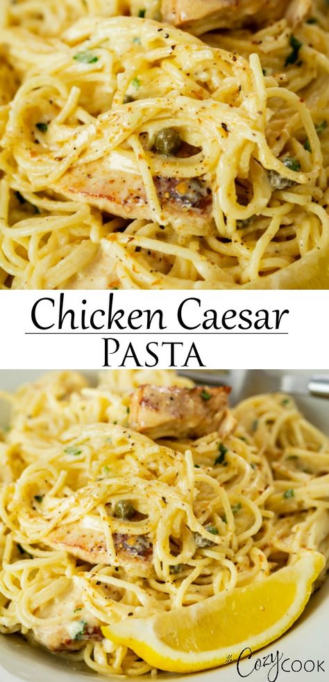 Cooked Pasta Recipes, Chicken Caesar Pasta, Cozy Cook, Caesar Pasta, Creamy Parmesan Sauce, Blackened Chicken, Chicken Caesar, Angel Hair Pasta, Parmesan Sauce