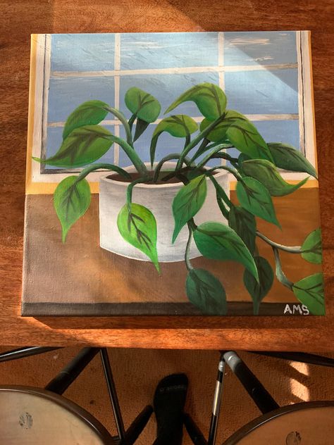 Pothos (Epipremnum aureum) painting  12in x 12in Painting Ideas Plants, House Plant Painting, Plant Painting Acrylic, Birthday Paintings, Painted Bookshelves, Epipremnum Aureum, Paint Inspo, Modern Art Canvas Painting, Sky Art Painting