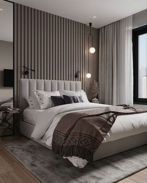 a refined contemporary bedroom with a taupe accent wall done with wood slabs, a grey upholstered bed, a pendant lamp and sconces Grey Upholstered Bed, Taupe Bedroom, Neutral Bedroom Decor, Loft Interior, Modern Luxury Bedroom, Decor Ikea, Master Room, Bedroom Decor Design, Bedroom Furniture Design