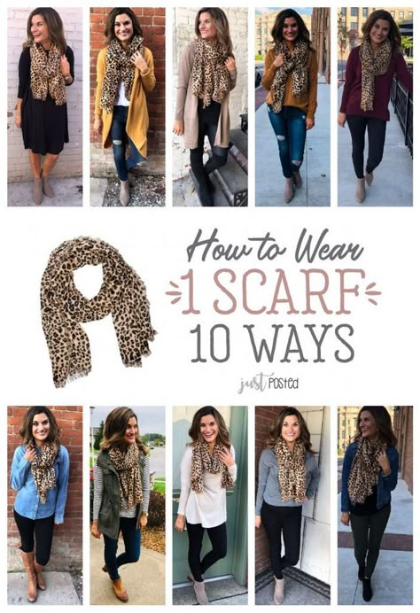 How to Wear a Leopard Scarf | Just Posted | Bloglovin’ Mode Ab 50, Wearing Scarves, Look Legging, 일본 패션, Teaching Outfits, Leopard Scarf, How To Wear A Scarf, Scarf Outfit, Scarf Tying