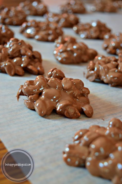 Homemade Chocolate Covered Peanuts: An Easy & Inexpensive Gift! | Be Happy and Do Good Crockpot Peanut Clusters, Peanut Clusters In Crockpot, Turtle Candy, Chocolate Peanut Clusters, Crockpot Candy, Peanut Clusters, Chocolate Covered Peanuts, Peanut Recipes, Almond Bark