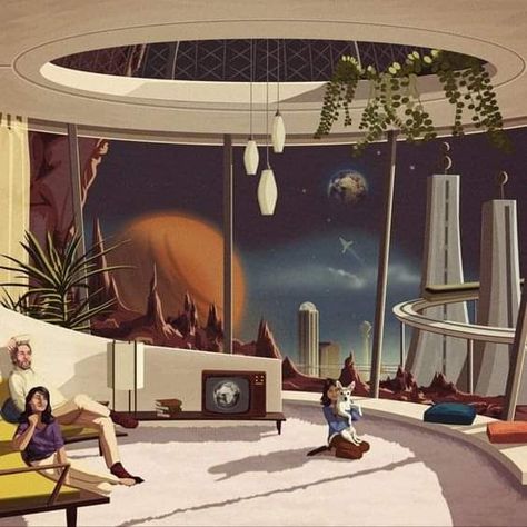 1960s Retrofuturism, Retrofuturism Aestethic Interior, Retrofuture Interior, Retrofuturism Design, Retrofuture Aesthetic, Retro Futurism Interior, 1960s Architecture, Vintage Futurism, Futurism Art