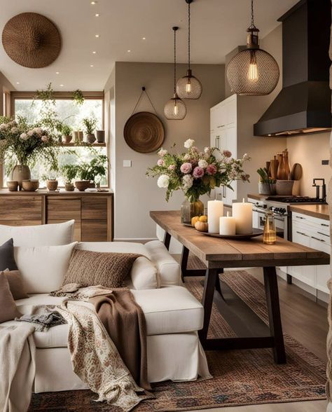 Modern Rustic Decor, Cozy Living Rooms, Dream Home Design, Cozy Living, Minimalist Home, A Kitchen, Cozy House, Home Living Room, Living Room Designs