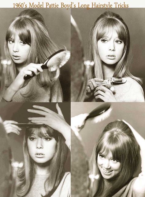 1960's hairstyles tricks for long hair - Pattie Boyd Pattie Boyd Fashion, Pattie Boyd Hair, Pattie Boyd Makeup, Vintage 60s Outfits, Pattie Boyd Outfits, 60s Outfits Party, 1960s Hairstyles For Long Hair, Patty Boyd, 1960 Hairstyles