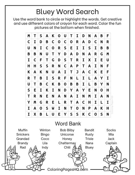 Bluey Word Search (Free PDF Printable) - Coloring Pages HQ Bluey Birthday Coloring Pages Free, Bluey Printable Activities, Bluey Activity Sheets, Bluey Word Search, Bluey Worksheet, Bluey Activities For Kids, Word Search For Kids Free Printable, Bluey Coloring Pages Free, Kids Word Search Free Printable