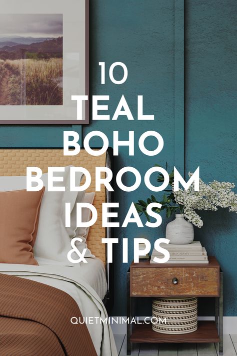 10 Teal Boho Bedroom Ideas (Stunning Color Tips) - Quiet Minimal - Interior Design Inspiration & Ideas Bedding For Teal Walls, Teal Bedroom Furniture Ideas, Teal Bedding Ideas Bedroom, Peacock Wall Color, Peacock Color Bedroom Ideas, Boho Bedroom With Dark Walls, Dark Teal Boho Bedroom, Boho Paint Colours, Turquoise Wall Bedroom