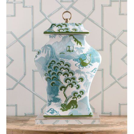 Port 68 Canton Celadon 18'' Indoor / Outdoor Porcelain Jar | Wayfair Botanical Pictures, Chinoiserie Motifs, Grand Millennial, Down The River, Boat Ride, Decor Pillows, Chic Pattern, Jar Lids, Ginger Jars