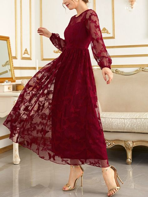 SHEIN Modely Butterfly Embroidery Mesh Lantern Sleeve Dress | SHEIN USA Red Butterfly Dress, Flower Dress Formal, Sheer Fabric Dress, Maxi Dress For Wedding, Vestidos Shein, Burgundy Party, Simple Maxi Dress, Vestido Shein, Simple Long Dress