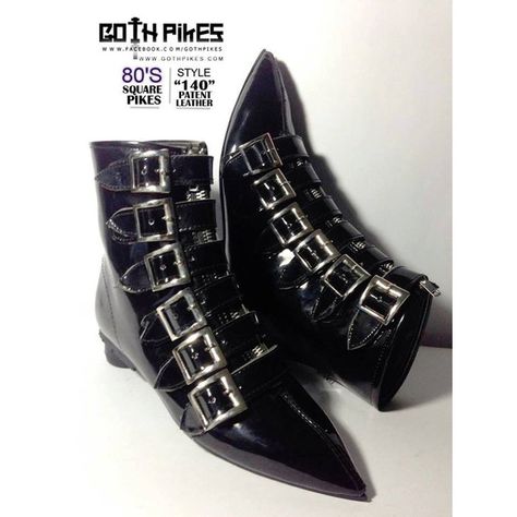 Pikes Winklepickers classic 6 buckle boots Goth Gothic Batcave WGT... ($102) ❤ liked on Polyvore featuring shoes, boots, ankle booties, suede boots, vegan leather boots, suede buckle boots, patent leather boots and buckle booties Gothic Shoes Boots, Traditional Goth, Boots Goth, Gothic Fashion Women, Goth Shoes, Gothic Boots, Gothic Shoes, Witchy Fashion, New Rock