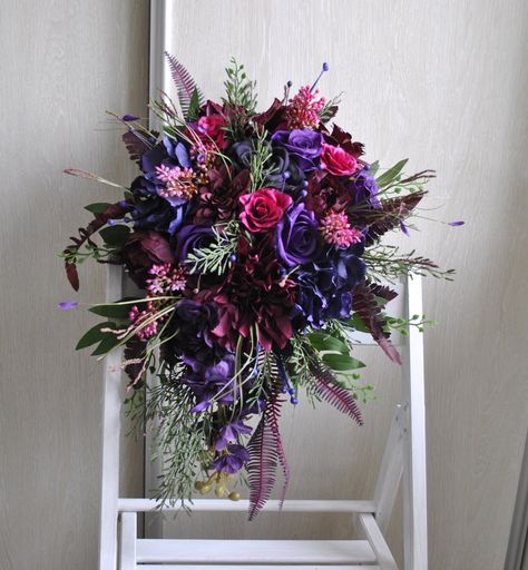 Purple Burgundy Wedding Bouquet Gothic Bouquet Cascading - Etsy Purple Burgundy Wedding, Gothic Bouquet, Jewel Tone Wedding Colors, Jewel Tone Wedding Flowers, Burgundy Wedding Bouquet, Deep Purple Wedding, Blue Purple Wedding, Magenta Wedding, Purple Bridal Bouquet