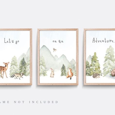 Green And Blue Nursery, Forest Nursery Art, Woodland Nursery Boy, Wall Art Forest, Woodland Animal Art, Woodland Nursery Wall Art, Mountain Nursery, Adventure Nursery, Woodland Animal Nursery