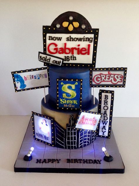 Broadway Cake, Musical Theatre Cake Ideas, Musical Theatre Cake, Broadway Cake Ideas, Broadway Musical Themed Party Food, Broadway Themed Cake, Theatre Themed Cake, Broadway Musicals Party, Broadway Sweet 16