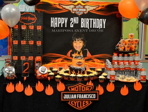 Harley Davidson Motorcycle Party Birthday Party Ideas | Photo 1 of 28 Motorcycle Party Ideas Kids, Motorcycle First Birthday Party, Motorcycle Party Ideas, Motorcycle Themed Birthday Party, Harley Davidson Birthday Party, Birthday Motorcycle, Motorcycle Birthday Parties, Bike Birthday Parties, Dirt Bike Party