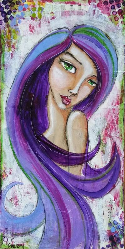 Mixed Media - KAREN CAMPBELL, ARTIST Hair With Green Eyes, Purple And Pink Hair, Karen Campbell, Mixed Media Faces, Whimsy Art, Mixed Media On Canvas, Mixed Media Art Journaling, Media Painting, Realistic Drawings