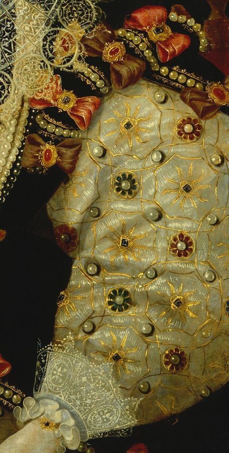 Detail from a portrait of Elizabeth 1 England Costume, Period Things, Dr Faustus, Dress References, Historical Embroidery, Embroidery Portrait, 16th Century Fashion, Rococo Dress, Elizabethan Era