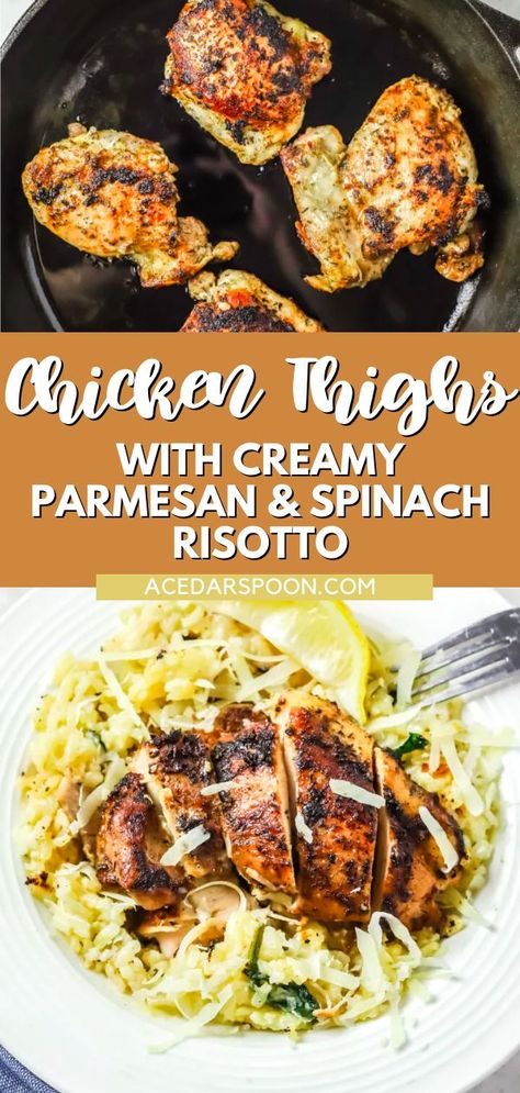 This oven baked chicken thighs with risotto dish is not only simple to make, but it also tastes fantastic. The creamy Parmesan & spinach risotto is topped with seasoned chicken thighs, before being baked in the oven. This chicken is golden and crispy, while the risotto is creamy and flavorful - a real comfort food dish for the whole family to enjoy! Risotto With Chicken, Seasoned Chicken Thighs, Healthy Risotto, Risotto Recipes Chicken, Parmesan Spinach, Spinach Risotto, Creamy Risotto, Oven Baked Chicken Thighs, Risotto Dishes