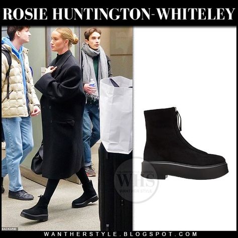 Rosie Huntington-Whiteley in black wardrobe nyc coat and black ankle boots the row Rosie Huntington Whiteley Style, Wardrobe Nyc, Black Wardrobe, Rosie Huntington, Black Suede Ankle Boots, Black Wool Coat, Huntington Whiteley, January 25, Rosie Huntington Whiteley