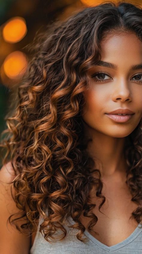 Dark Chocolate Balayage Bob for Fall Hair Colors 🍫 Fall Hair Color For Dark Hair, Fall Hair Color For Curly Hair, Copper Curly Hair Balayage, Fall Curly Hair Color Highlights, Highlights For Dark Curly Hair, Fall Hair Curly, Curly Fall Hair Color, Dark Copper Highlights, Copper Balayage Curly Hair