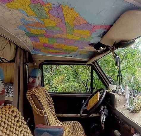 Hippy Van Aesthetic, Van Life Vintage, Inside Van Ideas, Traveling Van Aesthetic, House Van Aesthetic, Bus Conversion Ceiling Ideas, Van Life Pictures, Van Color Ideas, Living In A Van Aesthetic