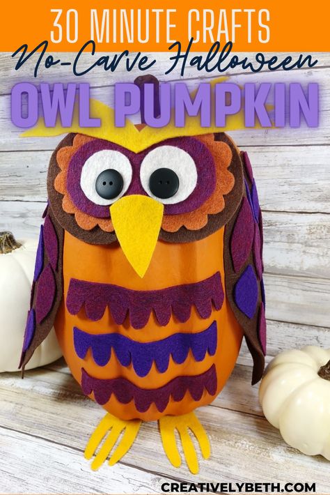 Halloween Owl Pumpkin a No-Carve DIY - Creatively Beth Owl Pumpkin, Paper Mache Pumpkins, Treat Toppers, Halloween Owl, Halloween Door Mat, Halloween Pumpkin Designs, Faux Pumpkins, Felt Halloween, Rainbow Crafts