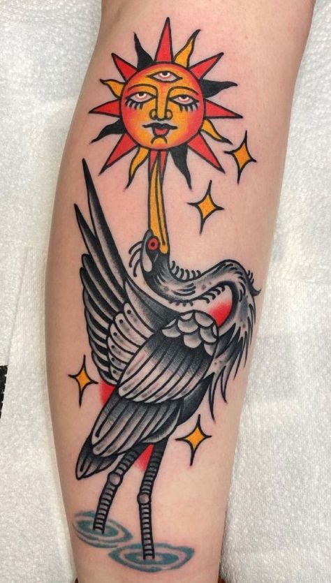 Traditional Sun Tattoo, Pelican Tattoo, Traditional Japanese Tattoo Flash, Heron Tattoo, Traditional Tattoo Old School, Traditional Tattoo Inspiration, Funky Tattoos, Traditional Tattoo Sleeve, Sun Tattoos